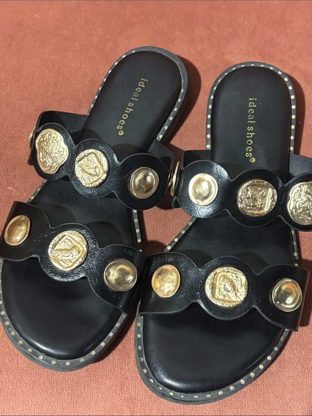 Black/gold medallion slip on slide flat sandals scalloped coin two strap 6.5